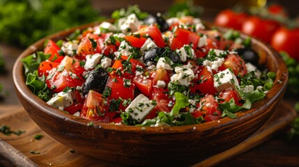 Wall Mural - Capture the freshness of a bowl of Greek salad, featuring crisp lettuce, ripe tomatoes, briny olives, and tangy feta cheese.