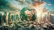 © InfiniteFlow - The photo shows the Earth sitting on a pile of money with a glowing sky in the background.