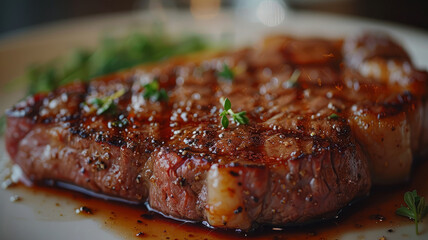 Wall Mural - A close-up of a juicy, grilled steak garnished with herbs.
