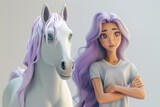 Fototapeta  - Girl with purple hair next to a horse with purple hair. fairy tale. on a white background 3D illustration