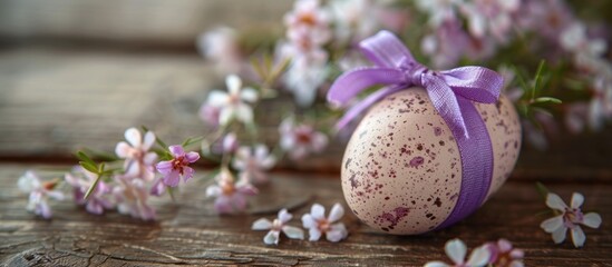 Easter egg adorned with purple ribbon and flowers