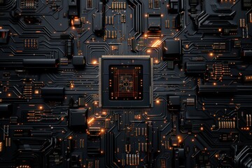 a close up of a black computer chip with a glowing orange background