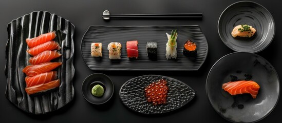 Wall Mural - Stylish sushi plates on black table