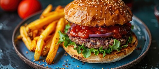 Wall Mural - Vegetarian burger and fries on blue plate