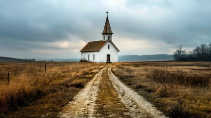 rural church at the end of a country road - a quaint white church stands at the end of a dirt path i