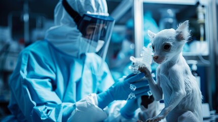 Wall Mural - Scientist examining a hairless cat in lab - A scientist in protective gear holds a sphinx cat, conducting research or health check in a high-tech laboratory environment