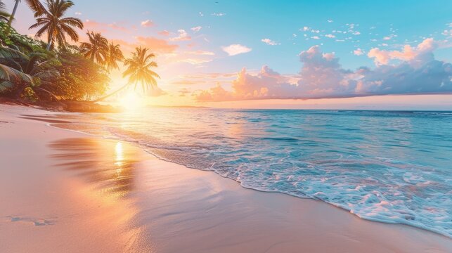 A serene beach at sunset with palm trees and a calm ocean, perfect for summer relaxation
