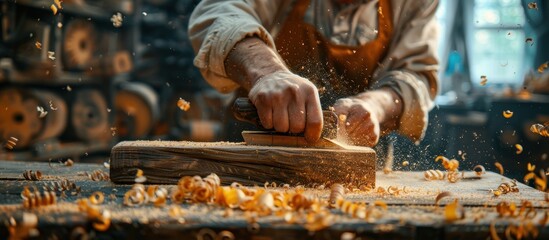 Skilled carpenter chopping wood