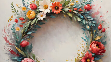 Wall Mural -  Colorful floral wreath with flowers, branches, buds, leaves. AI generated image, ai