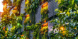 © dinastya - Modern sustainable building with solar panels, vertical garden with green plants.