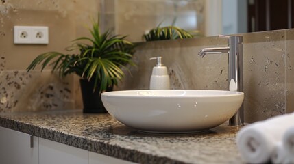 Wall Mural - Round white ceramic sink on granite wall countertop. generative ai