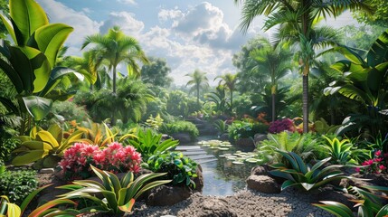 tropical garden with a variety of exotic plants, colorful flowers, and a small pond