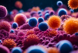 Fototapeta  - Close-up with bacteria, viruses in various colors in 3d Rendering