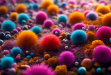 Fototapeta  - Close-up with bacteria, viruses in various colors in 3d Rendering