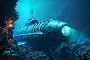 Canvas Print - Underwater exploration with high-tech submarines view, AI generated