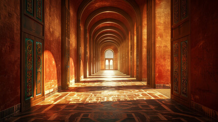 Wall Mural - A long hallway with a window in the middle