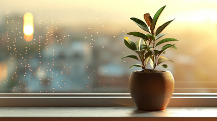 Wall Mural - Houseplant in a Pot on Windowsill with View, Generative AI Illustration