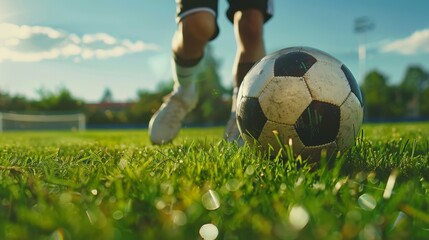 Close-up of a soccer ball being kicked on a grassy field at sunset. Footballer Kicking Ball On Grass Field. Classic Soccer Ball.