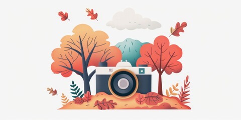 Illustration of a camera surrounded by autumn trees and leaves, capturing the essence of fall season in vibrant colors.