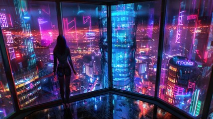 Wall Mural - Woman looking futuristic cyberpunk cityscape from panoramic window