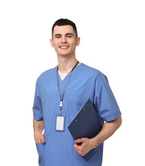 Sticker - Portrait of smiling medical assistant with clipboard on white background