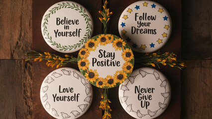 **** Five round buttons adorned with motivational phrases are arranged in a circle on a rustic wooden background, surrounded by vibrant yellow flowers. Each button carries its own unique illustra...