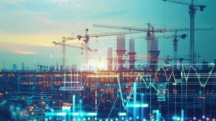 Futuristic concept: Construction site merged with digital financial graphs, symbolizing the digital transformation of the construction industry.