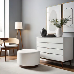 small round ottoman in front of a modern white chest of drawers in a minimalist Japanese style room, stylish interior design, modern room furniture,