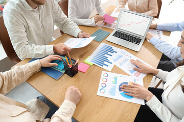 Sticker - Business people with diagrams working on marketing plan in office, closeup