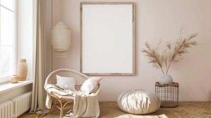 Wall Mural - Mockup frame in interior background, room in light pastel colors, Scandi Boho style. Generative Ai