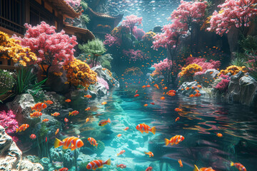 Sticker - A vibrant underwater coral garden alive with a kaleidoscope of tropical fish and marine creatures. Concept of underwater exploration and marine biodiversity. Generative Ai.