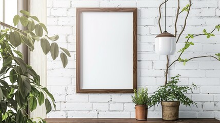 Wall Mural - mockup in walnut wood frame hanging on white brick modern scandinavian interior. Generative Ai