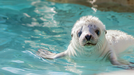 Wall Mural - A cute, fluffy, white baby sea lion