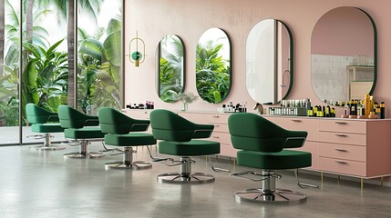 Luxury pink beauty care salon interior with large mirrors, green armchairs. Generative Ai