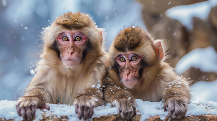 Wall Mural - two cute snow monkeys sitting on the mountain 