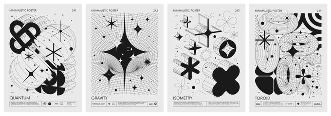 Leinwandbilder - Brutalist style vector minimalistic Posters with silhouette basic figures, Retro futuristic graphic elements of geometrical shapes rave composition, Modern monochrome print artwork, set 61