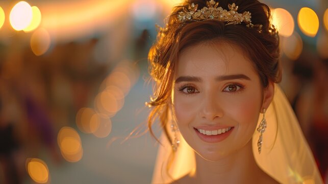 A radiant bride with a glowing smile wearing a delicate jeweled tiara and veil, beautifully captured in a warmly lit celebration