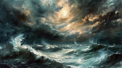 Wall Mural - Stormy ocean waves and dramatic sky for nature and energy themed designs