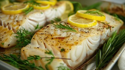 Sticker - Succulent fish fillet garnished with herbs and lemon slices, ready to be enjoyed.