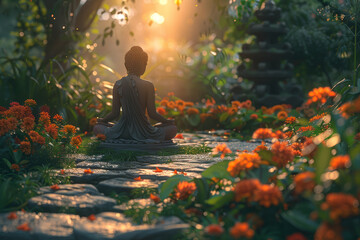 Sticker - Meditating in a tranquil garden, letting go of worries and embracing inner peace. Concept of mindfulness and spiritual introspection. Generative Ai.