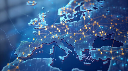 Wall Mural - Digital map of Europe, European Union network and connectivity, data transfer and cyber tech, business and information exchange and telecommunication
