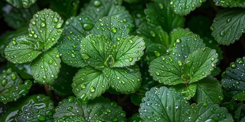 Wall Mural - Vibrant green leaves of a strawberry plant covered in dew drops showcasing the natural beauty and freshness of plants in a close-up photograph