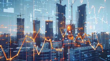 Urban evolution: High-rise under construction merged with dynamic financial graphs, symbolizing the evolution of cities amidst economic fluctuations.