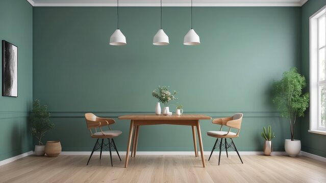 minimalist dining room and cloudy green wall texture background, chairs decor, wooden floor