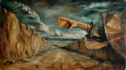 Surreal landscape with a hand holding an envelope for a mysterious and spiritual message