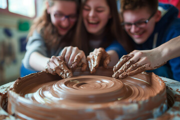 Canvas Print - Friends gathered around a potter's wheel, shaping clay together and laughing at their attempts to create pottery masterpieces. Concept of creativity and artistic expression. Generative Ai.