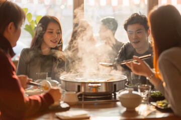 Canvas Print - Friends gathered around a steaming hot pot at a cozy restaurant, chatting and laughing as they enjoy a communal meal. Concept of conviviality and togetherness. Generative Ai.