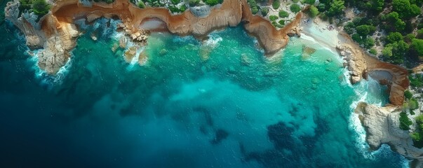 Wall Mural - Aerial view of a stunning coastal landscape featuring turquoise waters, dramatic cliffs, and lush greenery creating a breathtaking natural panorama