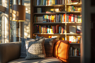 Sticker - A cozy reading nook tucked away in a corner of the lobby, stocked with a selection of books for guests to enjoy during their stay. Concept of literary escape and relaxation. Generative Ai.