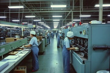 Poster - Factory floor with workers operating machinery